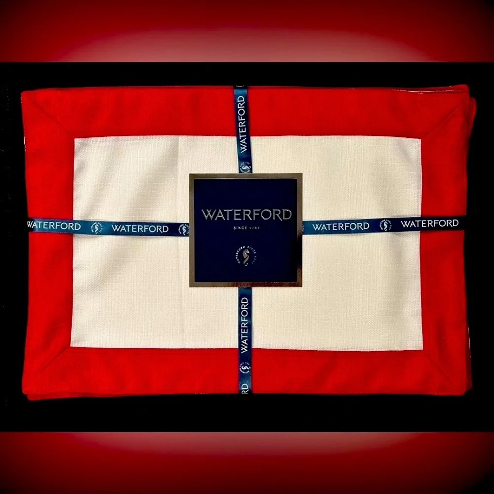 WATERFORD SET OF 4 PLACEMATS CRYSTAL CO. LUXURY WHITE W RED BORDER CLARI…